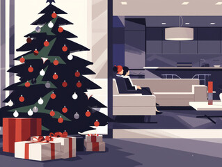 Illustration of a person sitting by a decorated Christmas tree with presents in a modern living room.