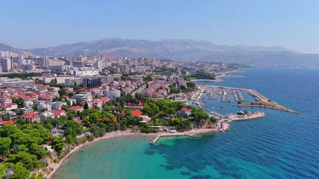 Split, Croatia: Aerial view of famous Mediterranean city by Adriatic Sea, summer day with clear blue sky - landscape panorama of Europe from above
