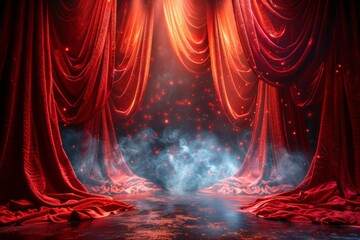 An inviting mystical stage setting with red velvet curtains parting to reveal a glowing fantasy space - obrazy, fototapety, plakaty