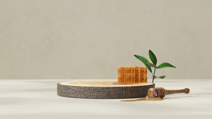 3D background display stand with honey on logs for product presentation
