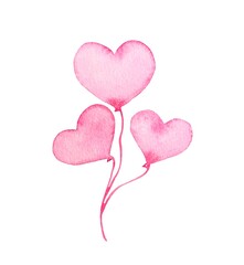 Hand drawn heart shaped balloons, watercolor illustration