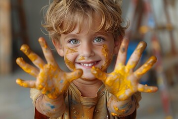 A smiling child showing off hands covered in vibrant yellow and orange paint
