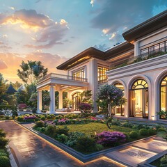 Luxury villa with expansive gardens, elegant architecture, serene sunset backdrop,  - obrazy, fototapety, plakaty