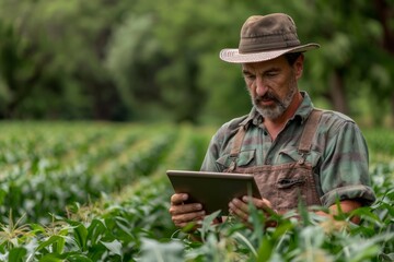 An agricultural scene where a farmer is studying his crops on a digital tablet in the vast green fields