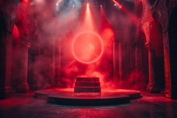 Fototapeta na wymiar A mystical stage set with a bold red light circle and atmospheric smoke, suggesting a suspenseful performance