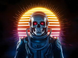 Celestial Skull Astronaut: Ethereal Glow and Sunburst in the Cosmos