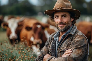 Fototapeta premium A poised farmer with folded arms stands among his cows, indicating experience in livestock