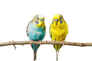 Obraz premium Two parrots, beautiful colors, perched on a dry branch. isolated on white background