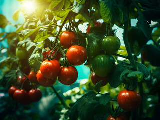 Red ripe cherrie tomatoes plants  growing in a greenhouse 