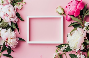 White Frame Surrounded by Pink Flowers on Pink Background