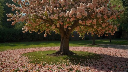 Fototapeta premium A fruit tree in full bloom, surrounded by a carpet of fallen petals and fruits Generative AI