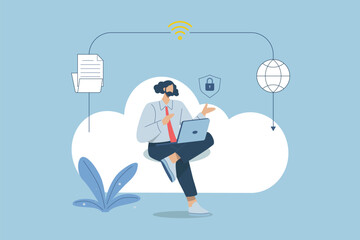 Secure connection, Storage of important data, and cloud technology, Cloud computing services business technology concept, Businessman uses laptop to work on the cloud. Vector design illustration.