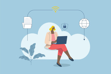 Secure connection, Storage of important data, and cloud technology, Cloud computing services business technology concept, Businesswoman uses laptop to work on the cloud. Vector design illustration.