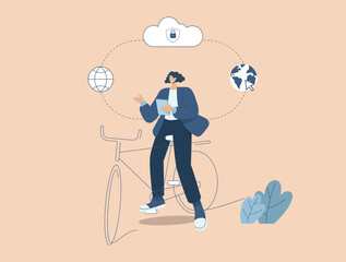 Secure connection, Storage of important data, and cloud technology, Cloud computing services business technology concept, A man riding bicycle using tablet to work. Vector design illustration.