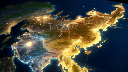 宇宙から見た地上のユニバーサル夜景とネットワークの光地図