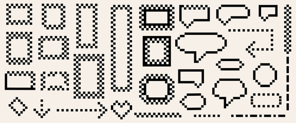 Pixel art frames. Black and white pixel frames, message bubbles, arrows and other shapes in pixel retro style.ector set. Vector illustration