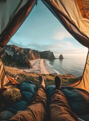 Person Laying in Tent Looking Out at Ocean