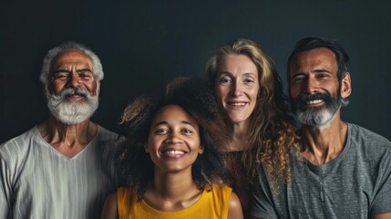 Fototapeta premium Diverse group of people standing together with a man and woman in the middle and two men and a woman on each side