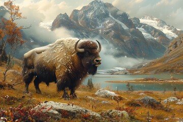A bison, a terrestrial animal, stands in a grassland ecoregion with mountains in the background, creating a picturesque natural landscape resembling a painting