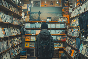 A teenage boy in the record store shopping for music
