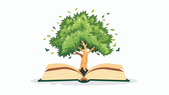 Open book with green tree. Flat icon isolated on white