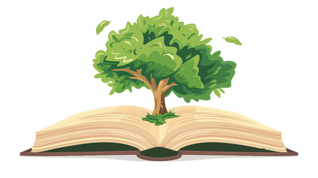 Open book with green tree. Flat icon isolated on white