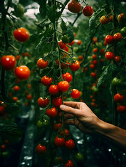 Fototapeta premium Close up of a hand reaching to red ripe cherrie tomatoes plant, blurry greenhouse background