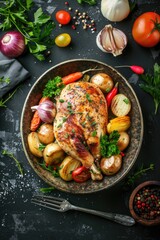 Fresh Grilled Chicken Salad with Vibrant Vegetables on Dark Background