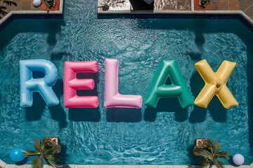 Crystal-clear swimming pool with inflatable letters spelling RELAX on its surface, top view. Summer vacation relaxation concept.