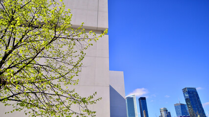 Sunlight and shadow on surface of white Concrete Building wall against blue sky background,...