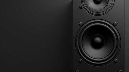 Black music speaker on a dark background. Empty space for your design