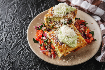 set of delicious fresh colorful deep-fried chimichanga on a dark background