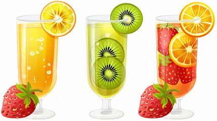 Set with kiwi orange strawberry juices and fresh fruit