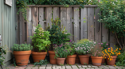 Several potted plants are arranged neatly