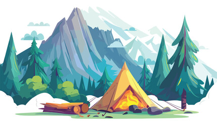Outdoor camping near mountains and trees with tent 