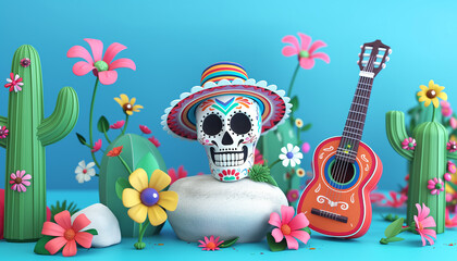 cinco de mayo background with 3d style skull and flowers