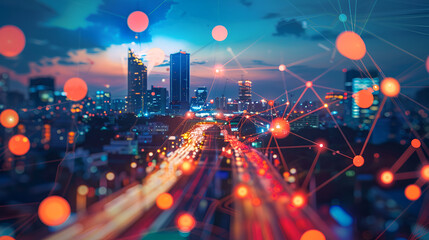Modern creative telecommunication and internet network connect in smart city, Rounded abstract cityscape network connection, internet and global connection, Modern city with wireless network  - obrazy, fototapety, plakaty