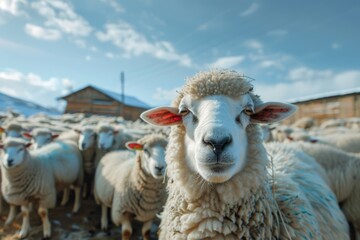Obraz premium a herd of sheep walks freely on a farm on a sunny day, eco farm concept