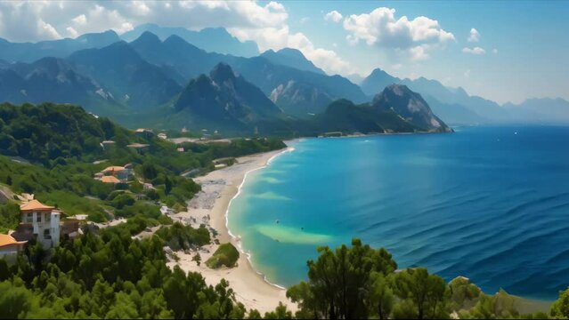 Antalya Beach Serenity: Mountains Meet the Sea. Concept Beach Photography, Landscape Shots, Mountain Views, Seaside Serenity, Antalya Beauty