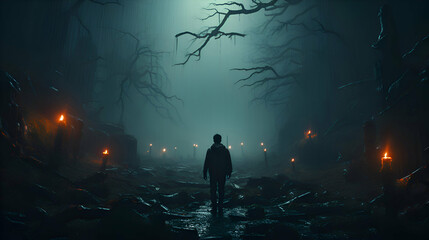Man in the dark forest at night. Halloween concept. 3D Rendering