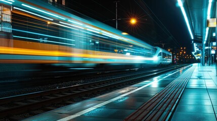 Fototapeta na wymiar Nighttime train passing through station with motion blur effect capturing the energy and movement of urban transportation