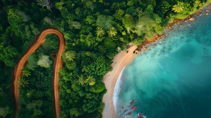 Photograph of a driveway on the edge of a beach, and forest top view