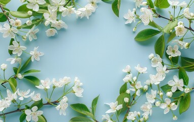 Obraz na płótnie Canvas White Flowers and Green Leaves on Blue Background