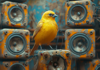 Yellow bird sitting on speaker in front of many speakers - obrazy, fototapety, plakaty