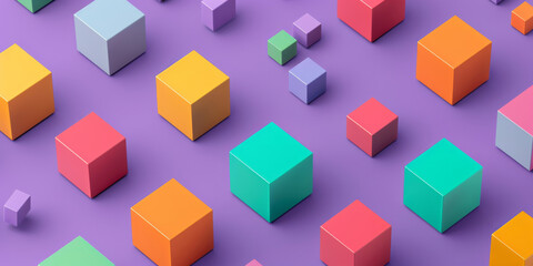 Graphic, cubes and color with shape, abstract digital and visualisation for crypto innovation. Blockchain, technology and big data with internet, software or network database for futuristic system