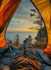 Person Laying in Tent With Ocean View