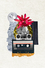 Vertical collage of headless person pink flower person holding boombox at theme concert party...