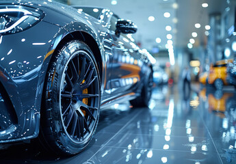 Car in the showroom, blurry background of cars for sale, closeup on car wheels and interior