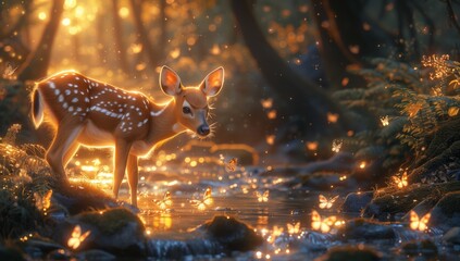 A carnivore lurks in the darkness of a forest landscape, observing a deer standing by a stream surrounded by fireflies. Its fur and tail blend with the natural landscape