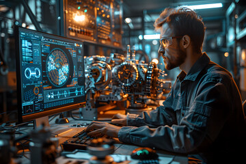 View of the Mechanical Engineer Designing 3D Engine Model on Personal Computer. Professional Working At the Factory.